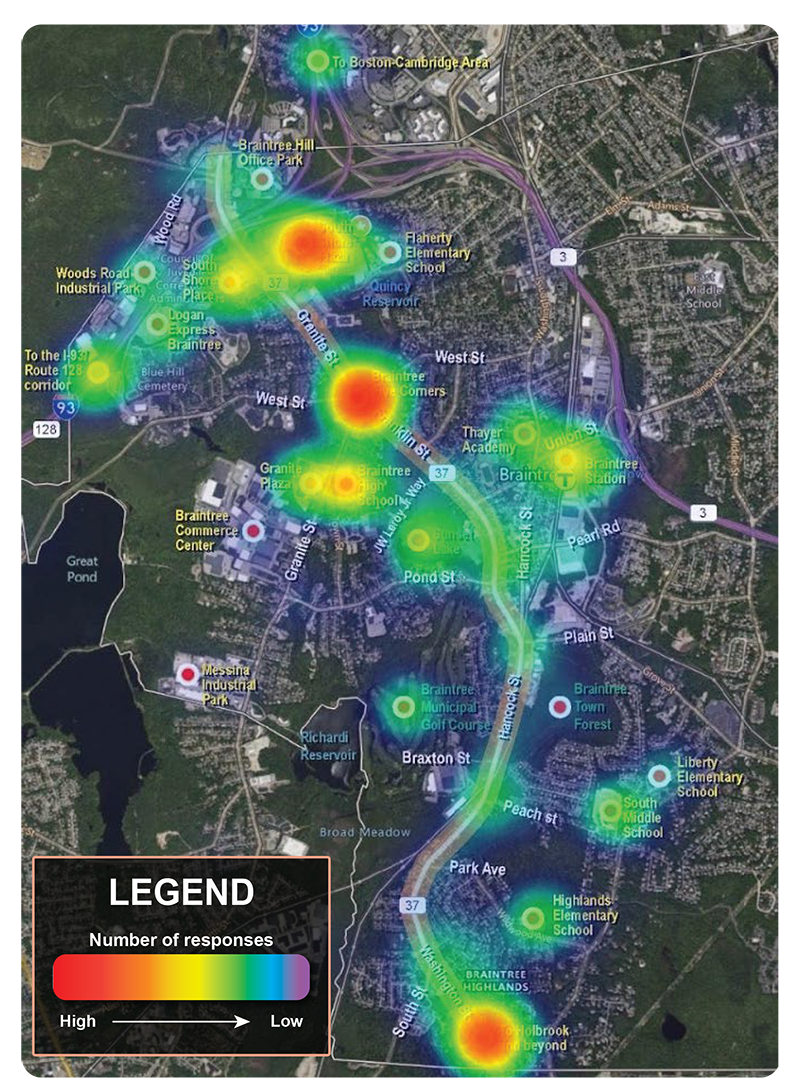 Figure 14 is an aerial photo showing typical destinations in Braintree for respondents using Route 37.